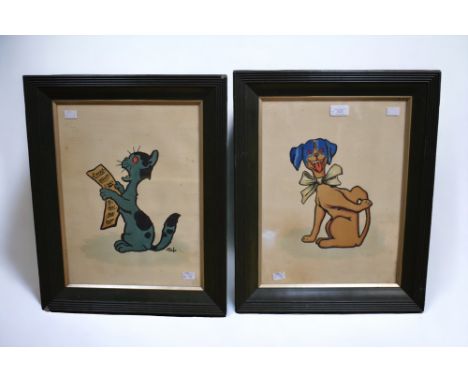 Two 20th century framed and glazed watercolours of fun character animals, one a cat with music sheet in hand, the other a dog