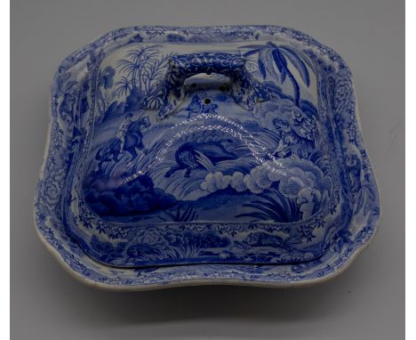 A Spode 19th century vegetable dish and cover, blue and white transfer-printed with 'Hog-hunters meeting by surprise a tigres