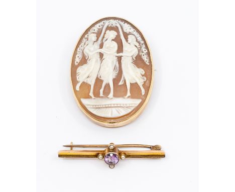 A 19th century 9ct gold mounted cameo brooch/pendant, depicting similar scene to Primavera, length approx 40 x 30mm, later ro