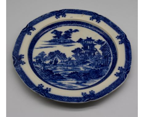 A Spode late 18th century blue and white transfer-printed plate printed with 'The Boy on a Buffalo' pattern, size 24-5cm diam