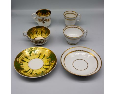A collection of 19th century English porcelain cups, saucers and trios, mostly Spode, various patterns. Condition: wear to gi
