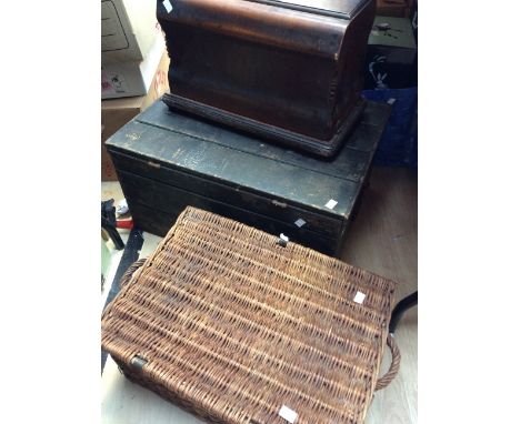 Vintage black painted pine tool chest Edwardian table top sewing machine and 1960s picnic basket.