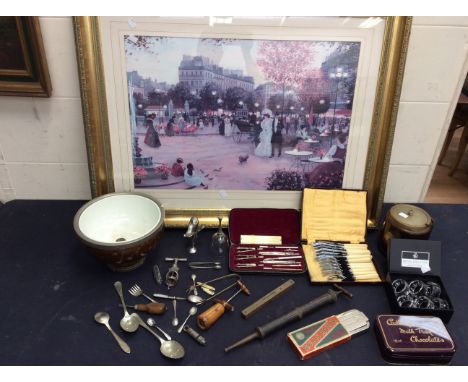 A mixed lot containing mid 20th Century wooden frame salad bowl, biscuit barrel along with cased flatware, tools, tin, glassw