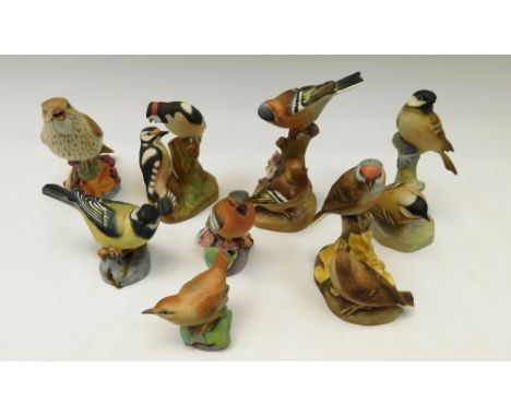  Eight Royal Worcester bone china figures of birds to include wren, tits, woodpeckers, thrush, chaffinches and linnets. Talle