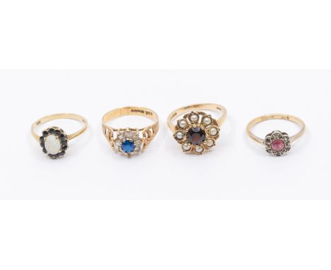 A collection of three 9ct gold stone set rings including sapphire and opal, size O (opal abraded) garnet and pearl cluster, s