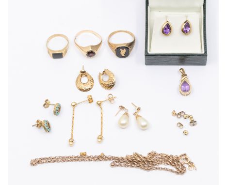 A pair of amethyst and 9ct gold pear shaped earrings, length approx 10mm, along with a similar pendant in 9ct gold, length ap