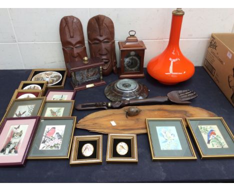 A mid 20th Century mantle clock, a late 20th Century ship in small mahogany case, African carved items, framed prints and cer