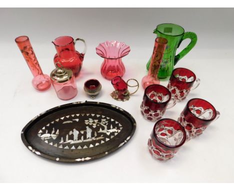 A collection of mid 20th Century ruby, cranberry and green glass wares along with inlayed tray , minor nibbles