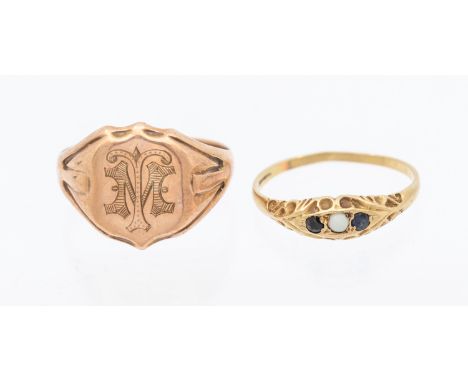 A 9ct rose gold signet ring, initialled 'M' width approx 15mm, size T, along with an opal and sapphire 9ct gold ring, size P 