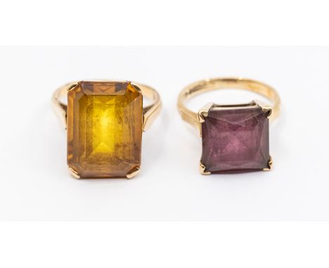 Two 9ct gold  stone set rings, including a large orange topaz, size approx 17 x 13mm, size P, along with a square set paste s