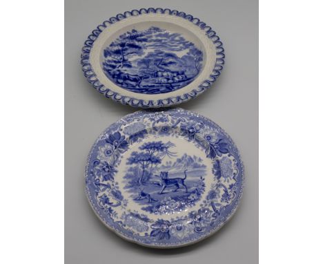 Two Spode 19th century blue and white transfer-printed plates, one printed with the tiger and fox, and the other with cattle,