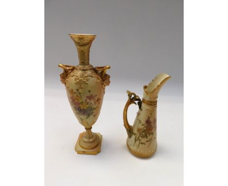 Early 20th Century Royal Worcester blush ivory mantle vase along with blush ivory water jug, both with gilt and flower detail