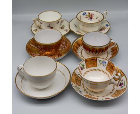 A small collection of 19th century English porcelain tea cups and saucers, mostly Spode, various patterns. Condition: wear to