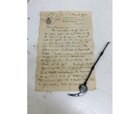 A hammered steel manicure tool, Roman or later, with a letter from the British Museum, 1932, seemingly giving provenance.&nbs