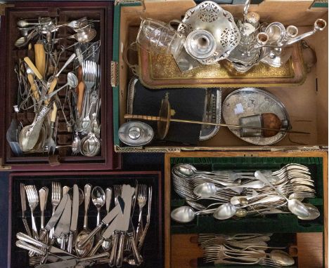 A quantity of mixed silver plated wares to include; three cases for canteens of cutlery, one with Arthur price plated part se