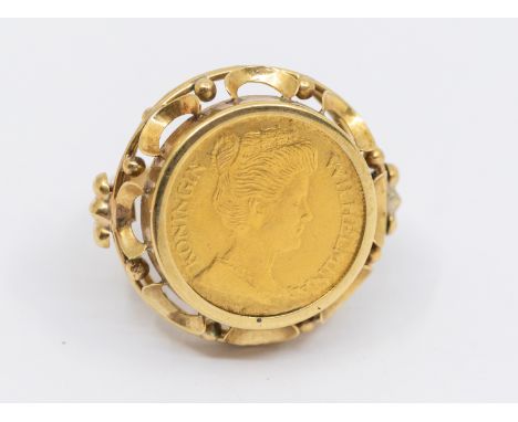 A Netherlands 5 Gulden mounted coin ring, dated 1912, set within a fancy 14ct gold ring mount, size N, total gross weight app