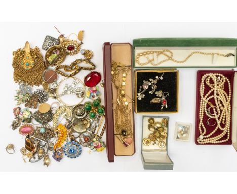 A collection of costume jewellery including paste set brooches, cultured pearl necklace, faux pearl necklaces, marcasite set 