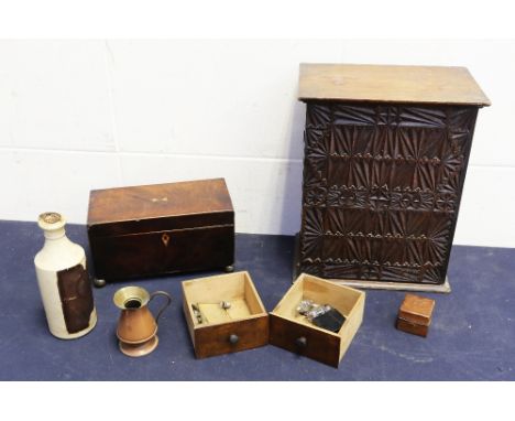 A mixed lot to include; a 19th century rectangular tea caddy, mahogany veneer with inlaid lighter wood areas, two compartment