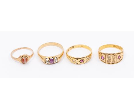 A collection of stone set gold rings to include an 18ct gold ruby and diamond set ring, size M1/2, (thinning) total gross wei