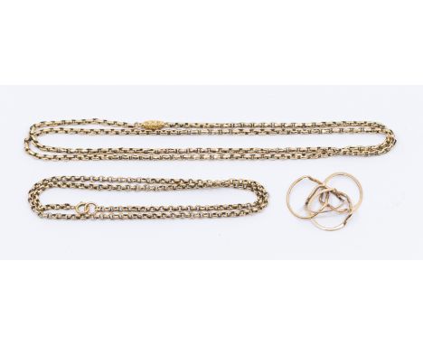 A 9ct gold belcher link necklace, length approx 20cm, suspending gold triple puzzle ring, along with an unmarked yellow gold 