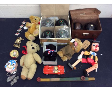 Two sets of Crown green bowls, vintage bears, string puppet, corgi etc.