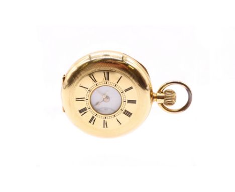 An 18ct gold half hunter pocket watch, comprising white enamel dial with numeral indices, subsidiary dial at 6, keyless wind 