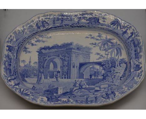 A Spode early 19th century Caramanian series oblong platter, transfer-printed with 'A Triumphal Arch at Tripoli', size 52x 40