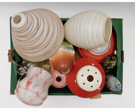 A collection of mid 20th century retro light shades in glass, along with two 1960s glass fish vases.&nbsp;most in good overal