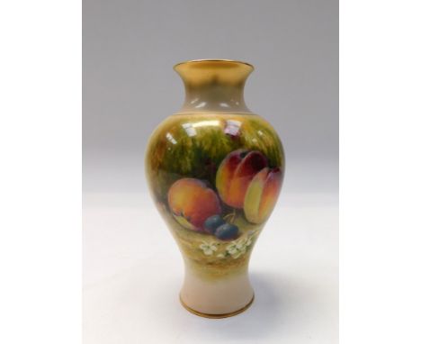 A Royal Worcester vase decorated with hand painted fruit to a mossy surround by Ricketts, gilt decoration also, Approx. 15.5c