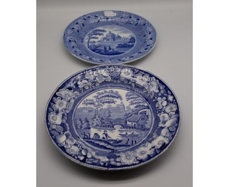 A collection of 19th century Spode blue and white transfer-printed plates, printed with landscapes, size 17-27cm diameter. Co