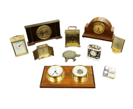 A mixed collection of mantle and carriage clocks, China Wedgewood clock, reproduction wall hanging, ships clock and barometer