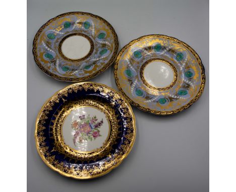 Three 19th century Spode cabinet plates, pattern 3142 and 2177. Condition: some wear to gilding and enamels, staining, scratc