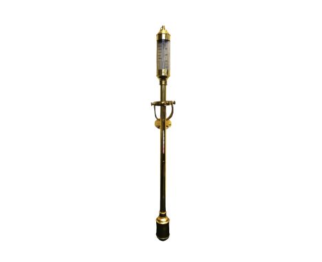 Brass ship's stick barometer which has a cardanic gimbal suspension and adjustable indicator, locking mechanism to prevent da