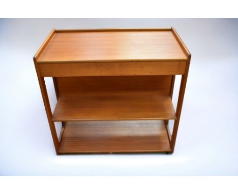 1960s teak MacIntosh hostess trolley, teak coffee table and a 1960s reak two shelf bookcase with two glazed sliding doors.