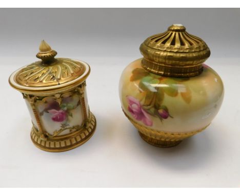 2 x Early 20th century Royal Worcester jars with covers , decorated with floral detail , both with damaged covers