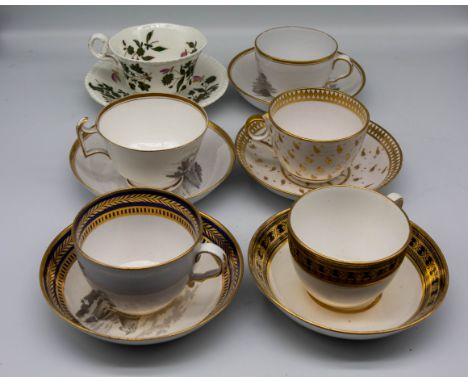A small collection of 19th century English porcelain tea cups and saucers, mostly Spode, various patterns. Condition: wear to