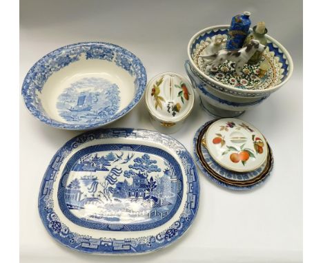 A collection of mixed ceramics to include; a 19th century willow patterned ironstone china blue and white transfer platter, a