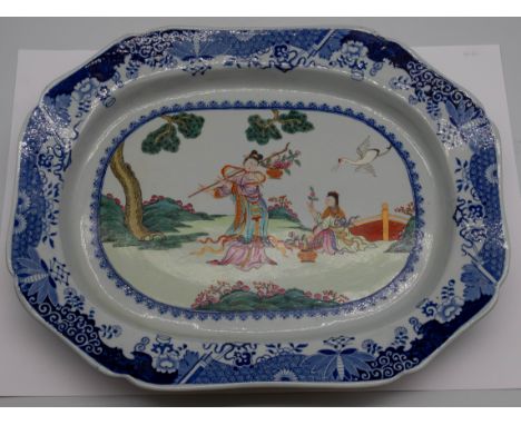 A Spode 19th century oblong blue and white and Chinoiserie platter, size 37 x 29cm diameter. Condition: hairline crack runnin