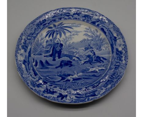 A Spode blue and white transfer-printed plate from the Indian Sporting Series, titled 'Death of the Bear', 19th century, size