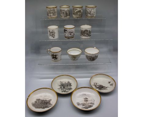 A small collection of 19th century bat printed coffee can, cups, tea bowl and saucers, mostly Spode, various prints. Conditio