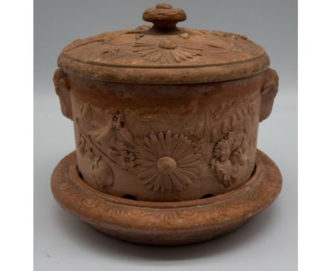 A Spode redware food warmer, pot cover and stand, early 19th century, size 17cm high, stand: 18.5cm diameter, pot: 16cm diame
