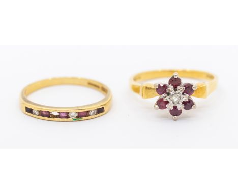 A ruby set 18ct gold flower cluster ring, size L,  total gross weight approx 3.3gms, along with a diamond set half eternity r