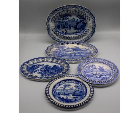 A small collection of 19th century Spode blue and white transfer-printed oval stands and plates, size: plates - 19cm diameter