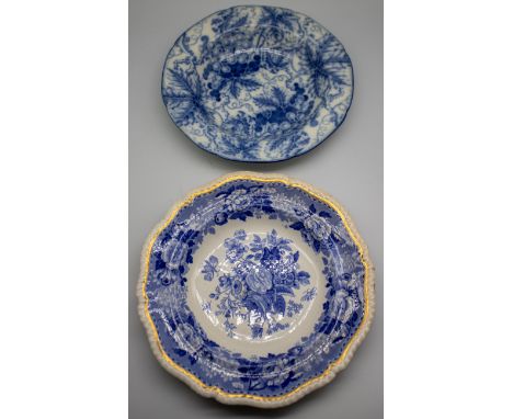 Five 19th century, mostly Spode, blue and white transfer-printed shallow dishes, each printed with floral sprays or fruits, s