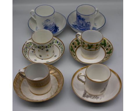 A collection of 19th century English porcelain coffee can and saucers, mostly Spode, various patterns. Condition: wear to som