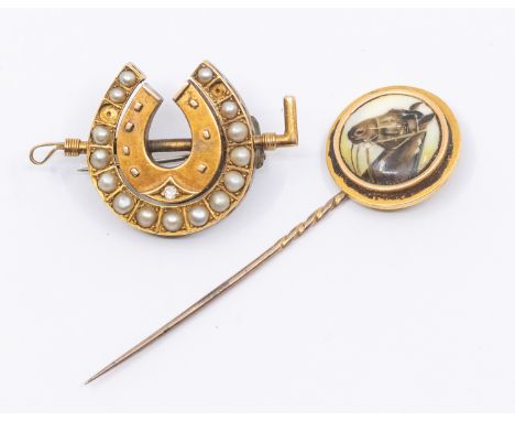 Equestrian interest- a porcelain gold mounted stick pin painted to depict a horse, diameter approx 20mm, signed to reverse J.