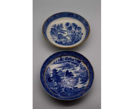 A small collection of 19th century Spode blue and white transfer-printed shallow dishes, printed with Chinese landscapes, siz