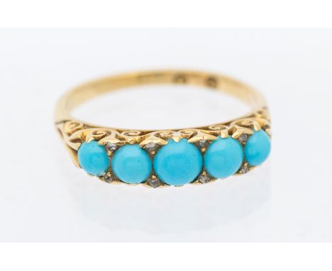 A Victorian graduated turquoise and diamond set 18ct gold ring, set with five graduated round cabochon turquoise stones with 