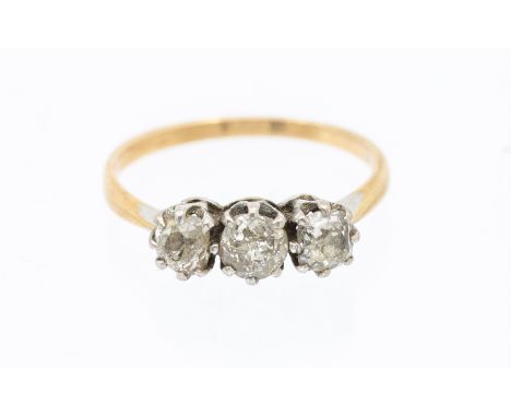 A three-stone diamond and 18ct gold ring, comprising three graduated old cut diamonds, total diamond weight approx 0.65ct, pl