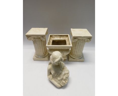 A pair of cherub plaster wall sconces and two ceramic stands, minor chipping &amp; wear